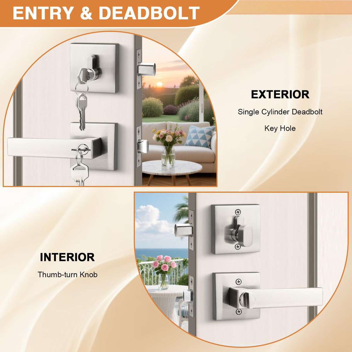 Square Keyed Entry Levers and Single Cylinder Deadbolts Combo Pack, Satin Nickel Heavy Duty Entrance Locksets Bedroom