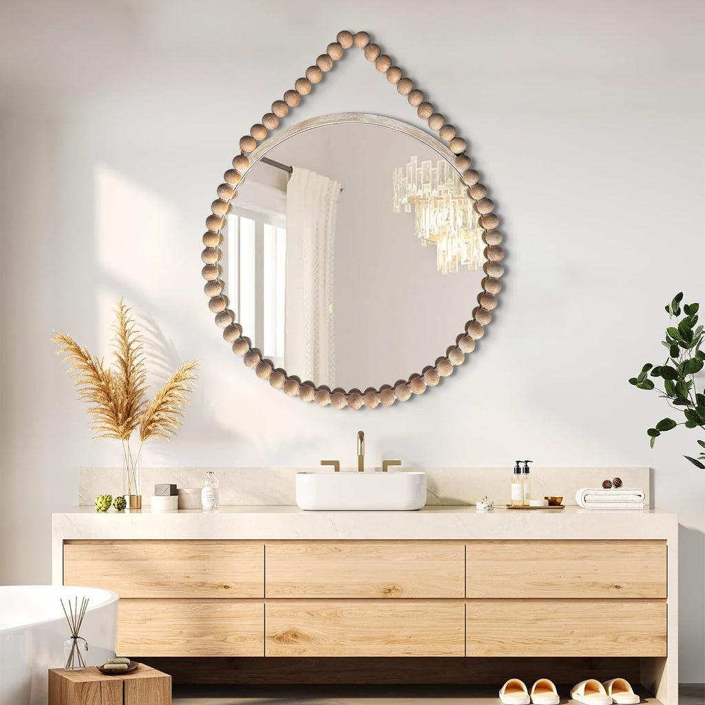 Wood Round Mirror, 28" Rustic Farmhouse Wall Hanging Mirror with Wooden Beaded Frame, Boho Circle Mirror Bathroom