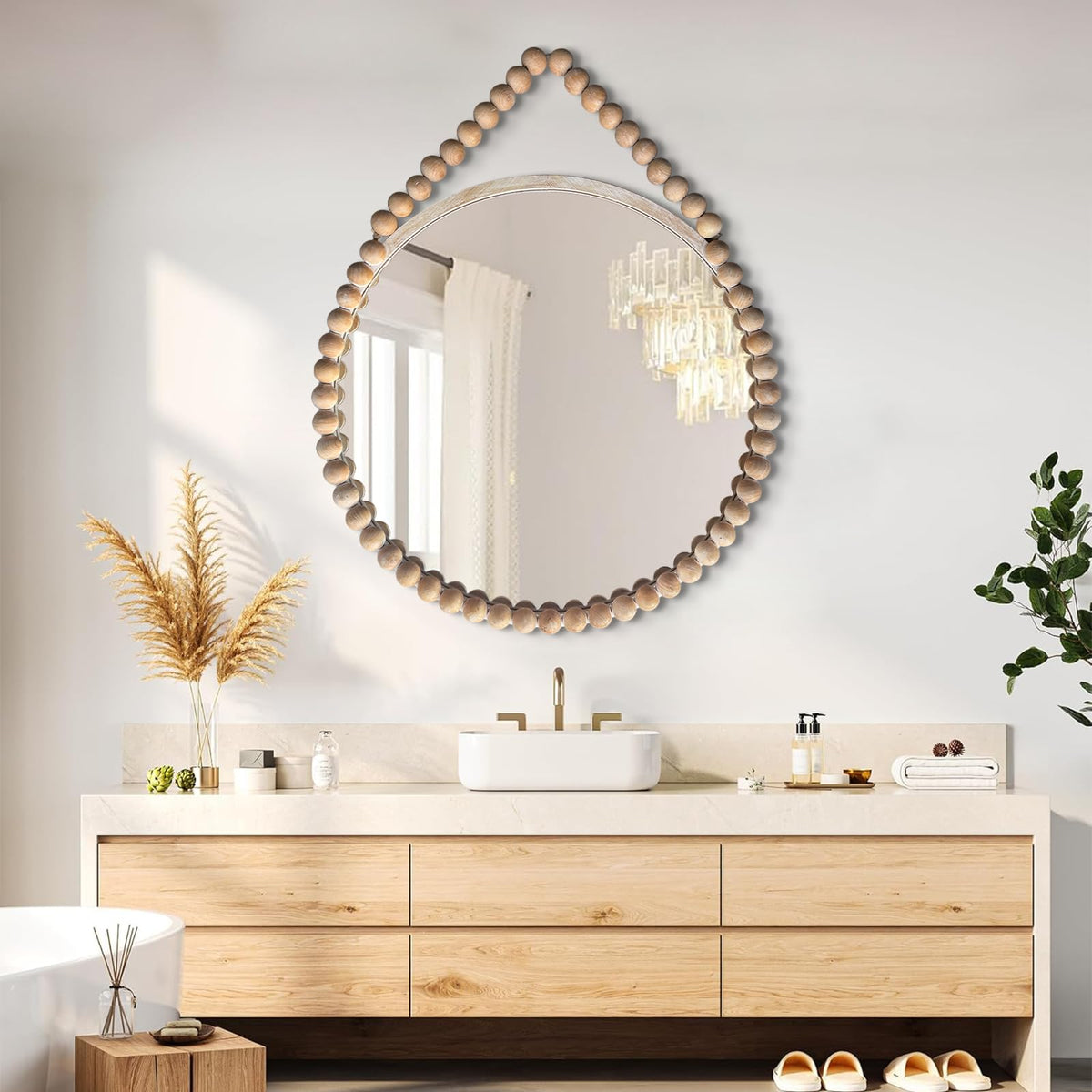 Wood Round Mirror, 28" Rustic Farmhouse Wall Hanging Mirror with Wooden Beaded Frame, Boho Circle Mirror Bathroom