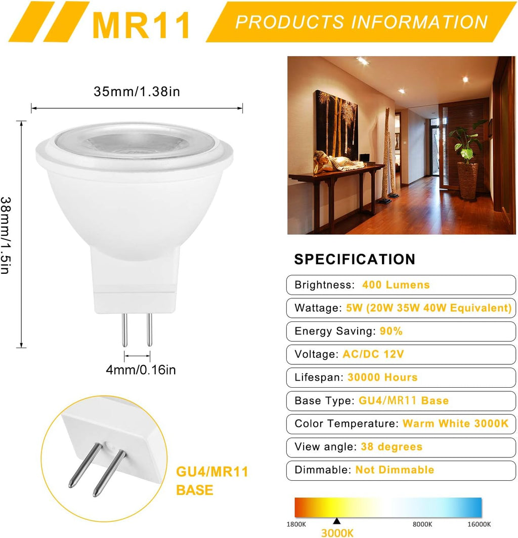 5W MR11 GU4 LED Light Bulbs 12V 20W 35W 40W Halogen Bulb Replacement Soft Warm White 3000K Recessed Spotlight Lamp