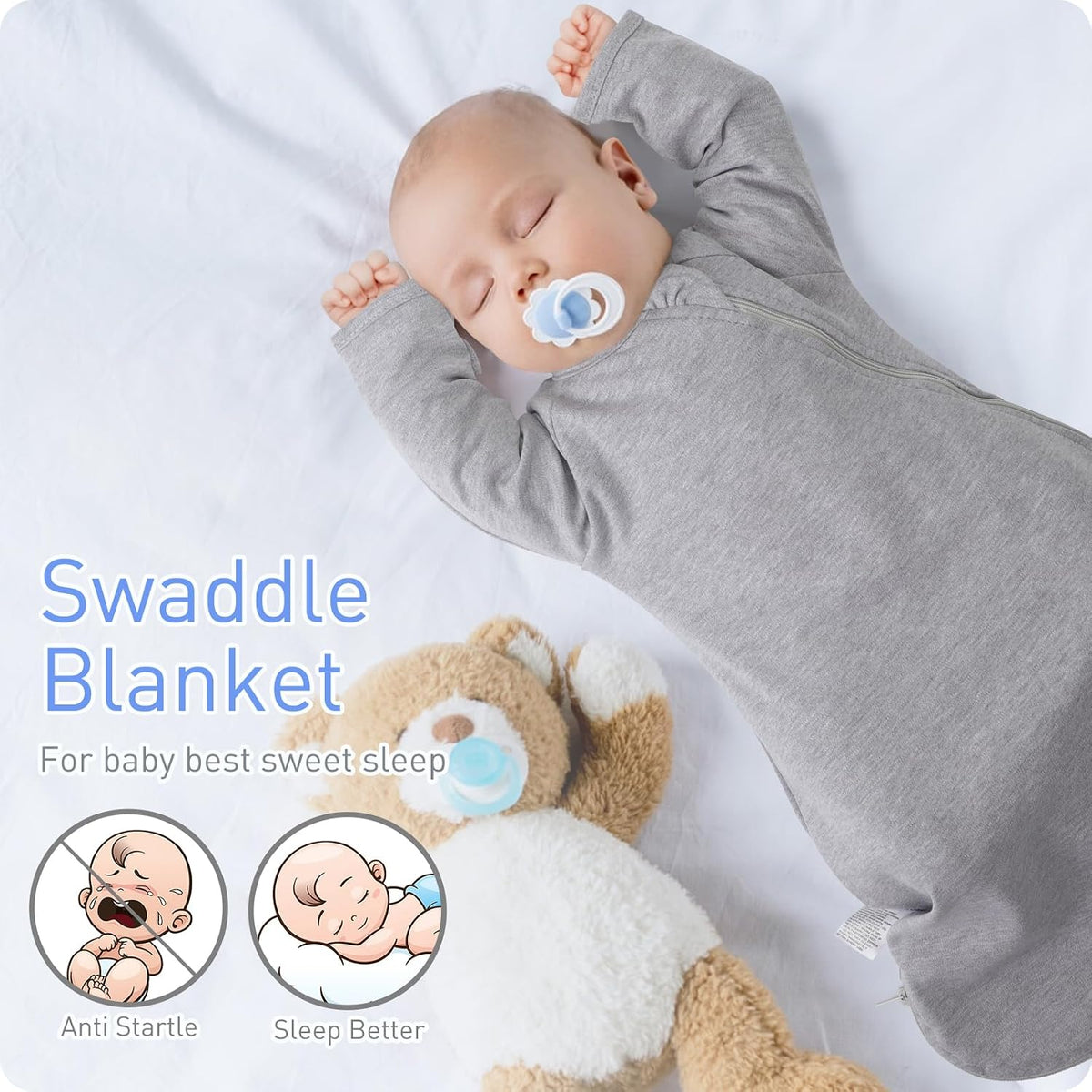 Premium Soft Cotton Transitional Baby Swaddling Sack with Arms Up & Sleeves, Mitten Cuffs, Way Zipper
