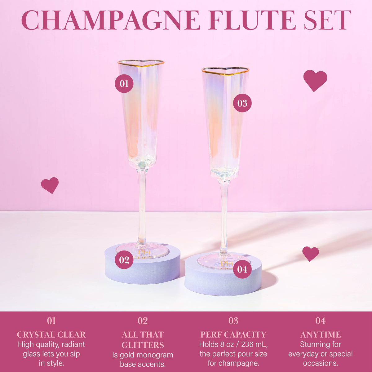 Heart Shaped Champagne Flute Gift Set, Elegant Handmade Glassware Set, Perfect for Celebrations, Weddings or any