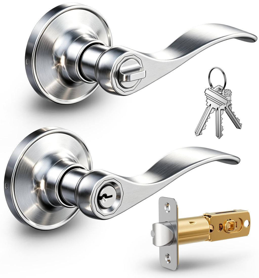 Keyed Entry Door Handle with Lock, Wave Door Levers, Satin Nickel