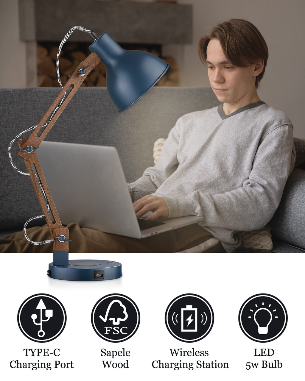 Sapele Wood Desk Lamp with Upgraded Wireless Charger, Swing Arm Table Lamp with USB C Charging Port, Reading Task