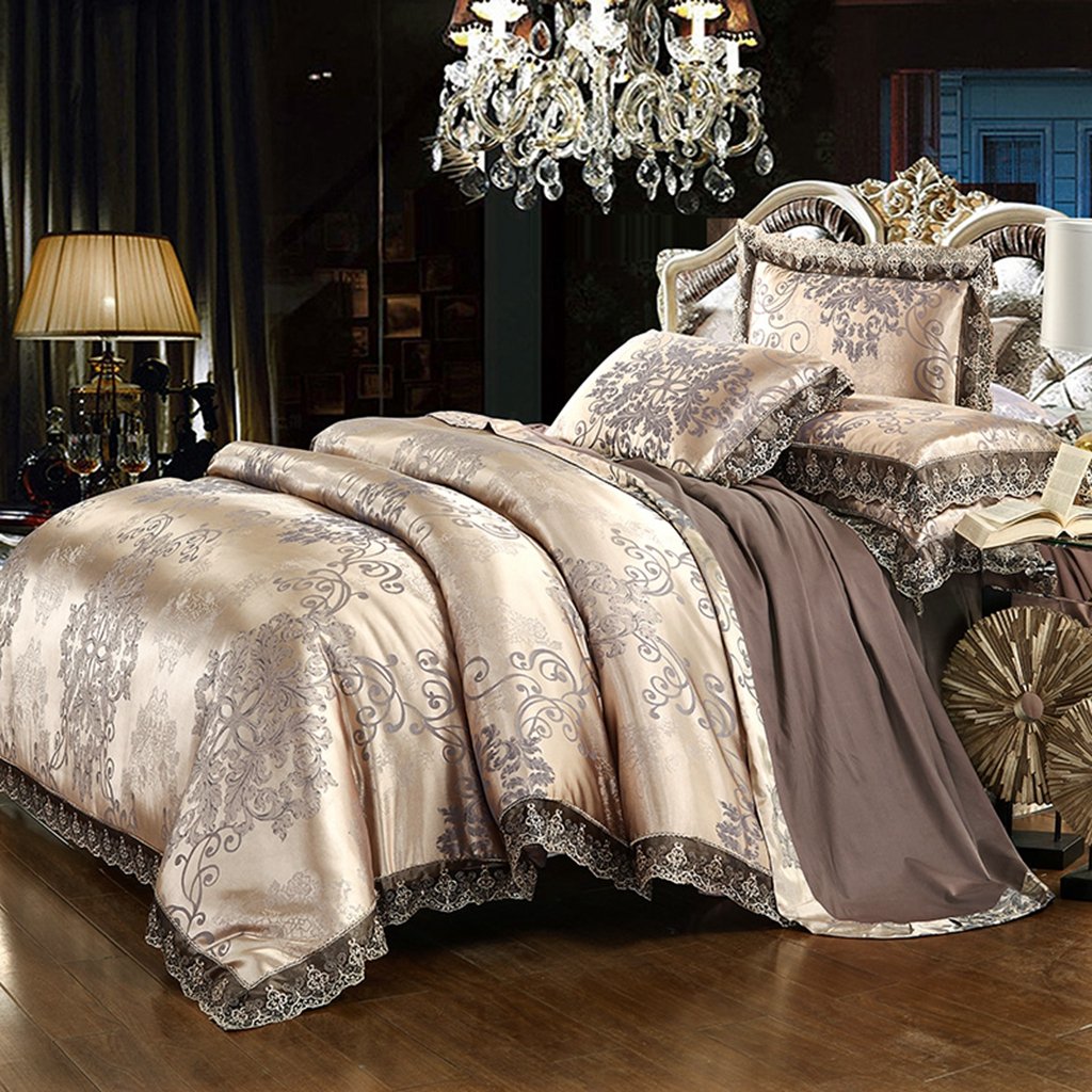 Satin Jacquard Duvet Cover Set King, Sateen Floral Lace, Gold