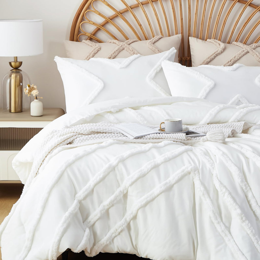 Queen Comforter Set Ivory Tufted Comforters Sets Bedding for Queen Bed 3PCS Boho Comforter Soft Fluffy Lightweight