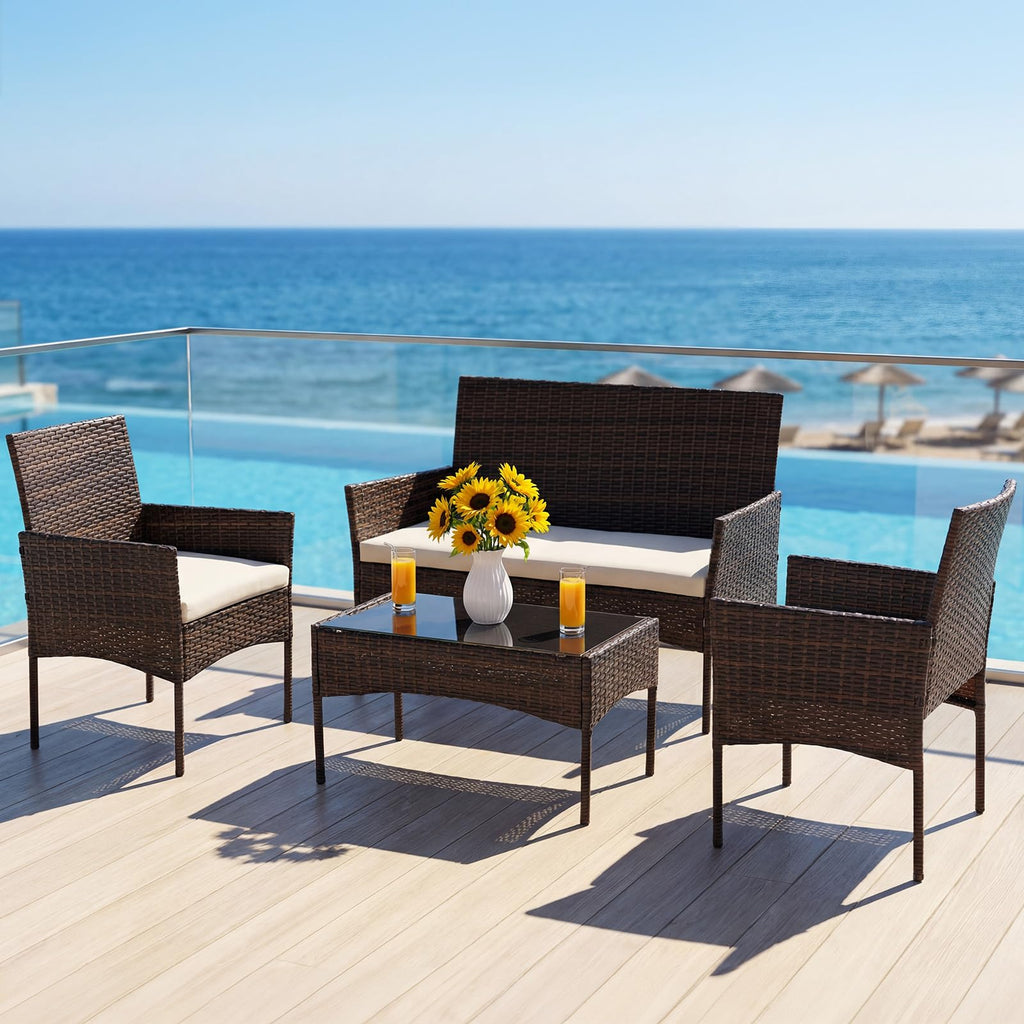 4-Piece Patio Furniture Set, Outdoor Rattan Seating Chair, Brown