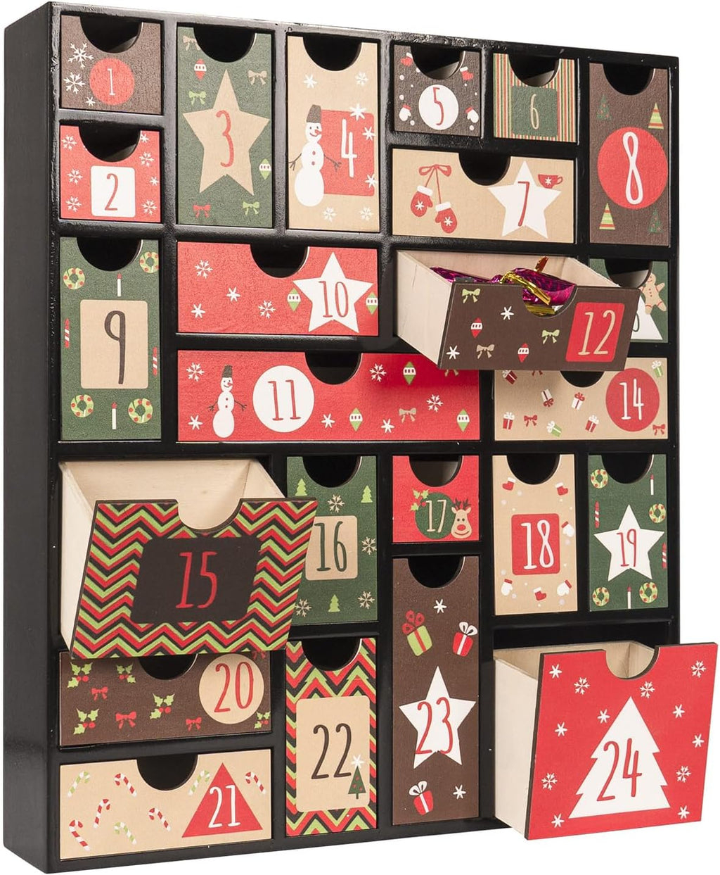 Wooden Advent Calendar to Fill, 14.6×12.6 Inch 24-Day Refillable Empty Christmas Countdown Calendar with Drawers