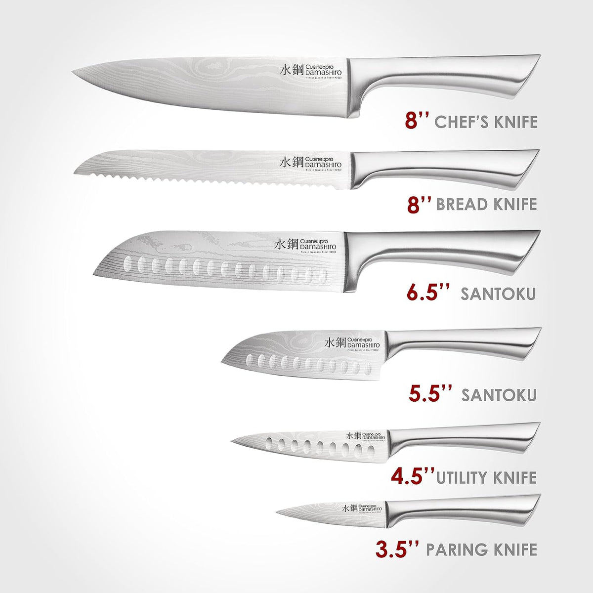 Damashiro Knife Block (Kumi, 7-Piece Chef Knife Set) - Japanese Steel Knife - Magnetic Knife Block- Damascus-Inspired
