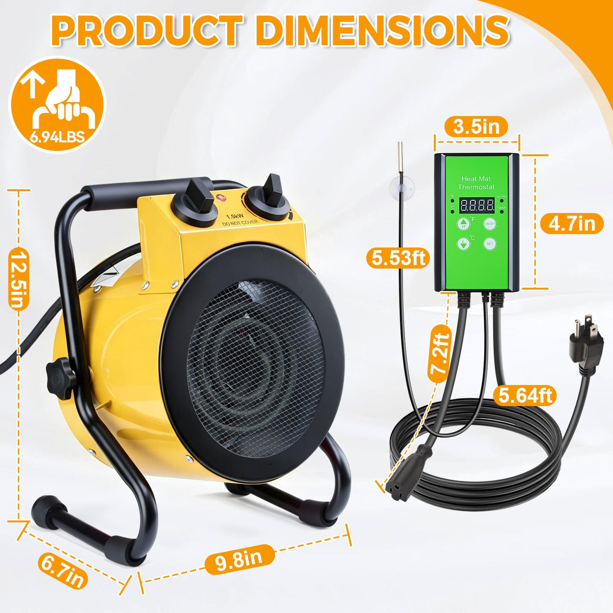 Greenhouse Heater with Thermostat, Electric Outdoor Heater, Yellow