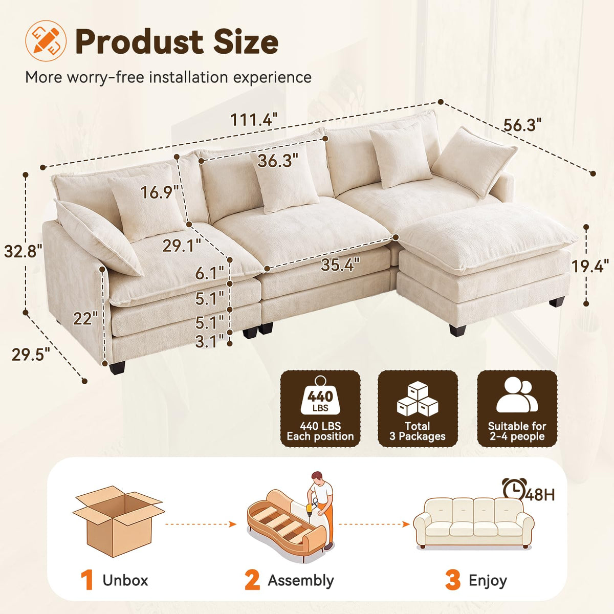 111.4" L‐Shaped Cloud Sectional Sofa Couch, Reversible Chaise, Beige