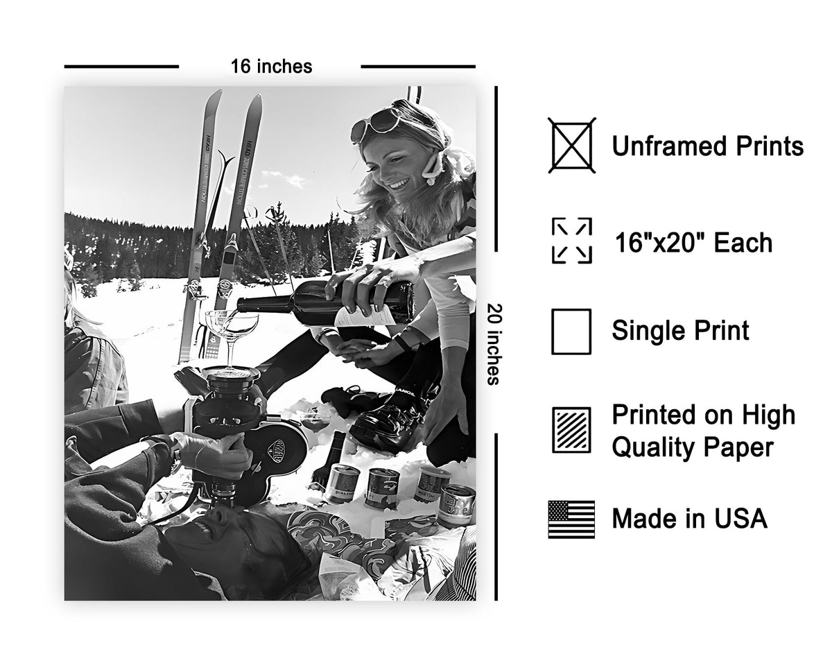 Pouring Champagne Print - Ski Poster - Humorous & Alcohol Illustration - Black and White Wall Design - Winter Snow