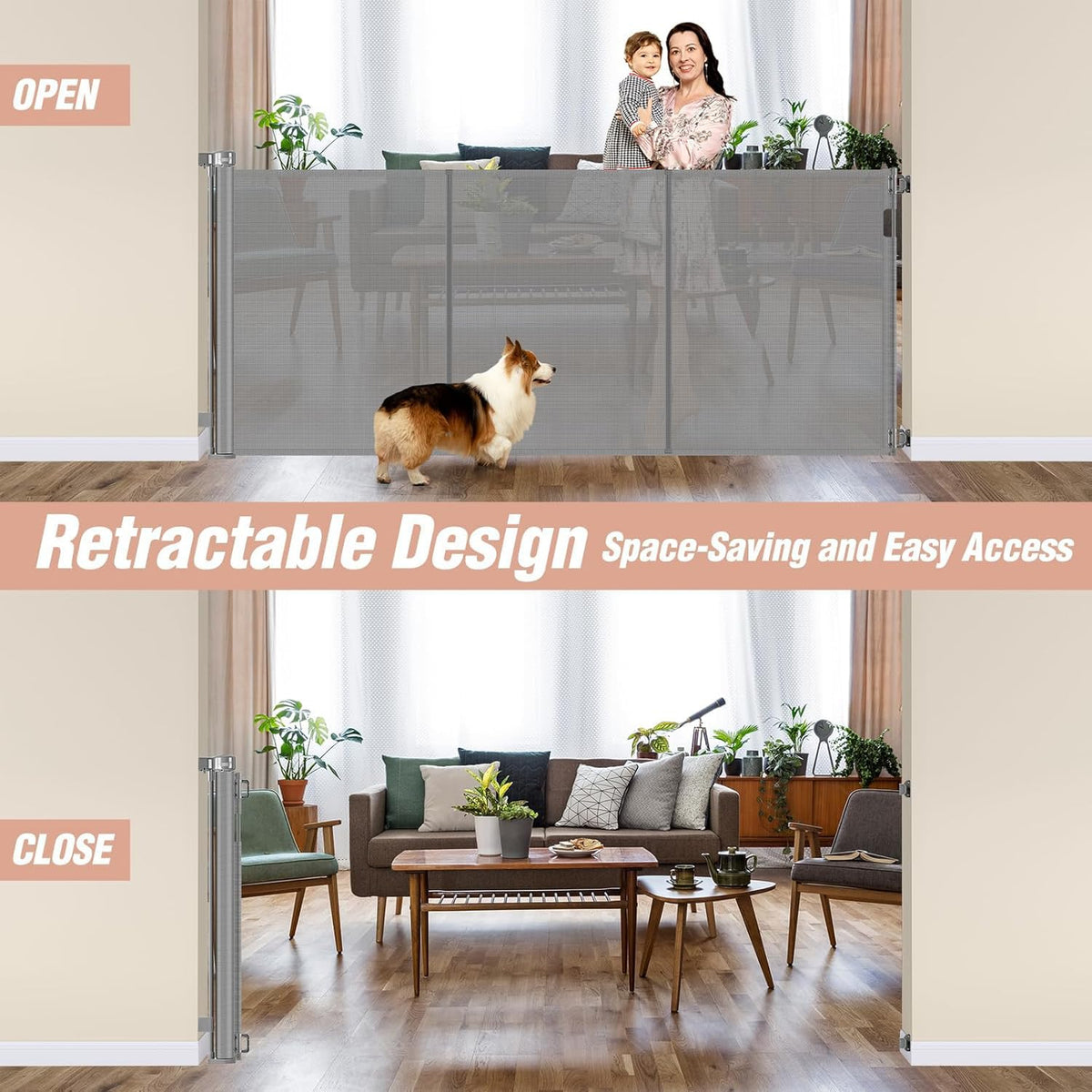 Reinforced 42" Tall Pet Gate 75" Wide Retractable Baby Gates Indoor/Outdoor