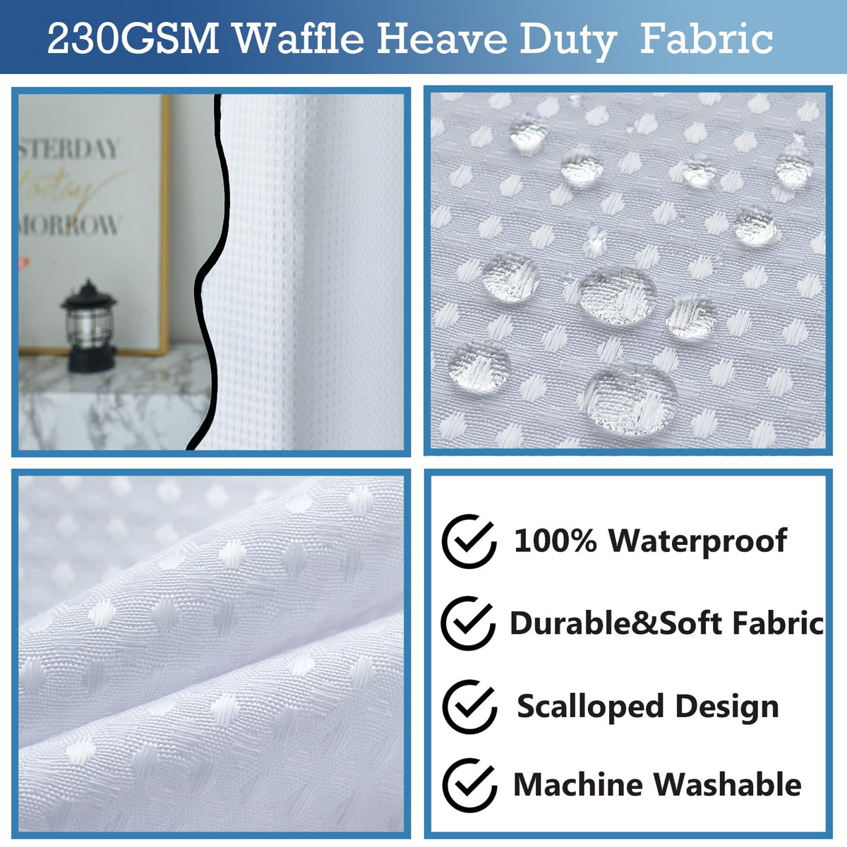 Waffle Weave Heavy Duty Fabric with Black Scalloped Border Shower Curtain, Boho Chic Cloth Shower Curtain