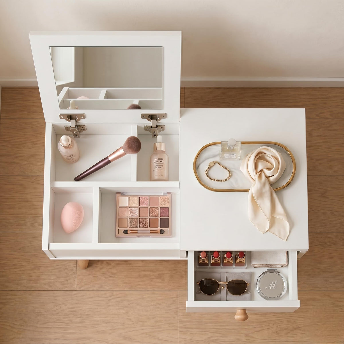 2-in-1 Floor Makeup Vanity & Nightstand - Modern Low-Profile Dressing Table with Solid Wood Legs - Compact Bedroom