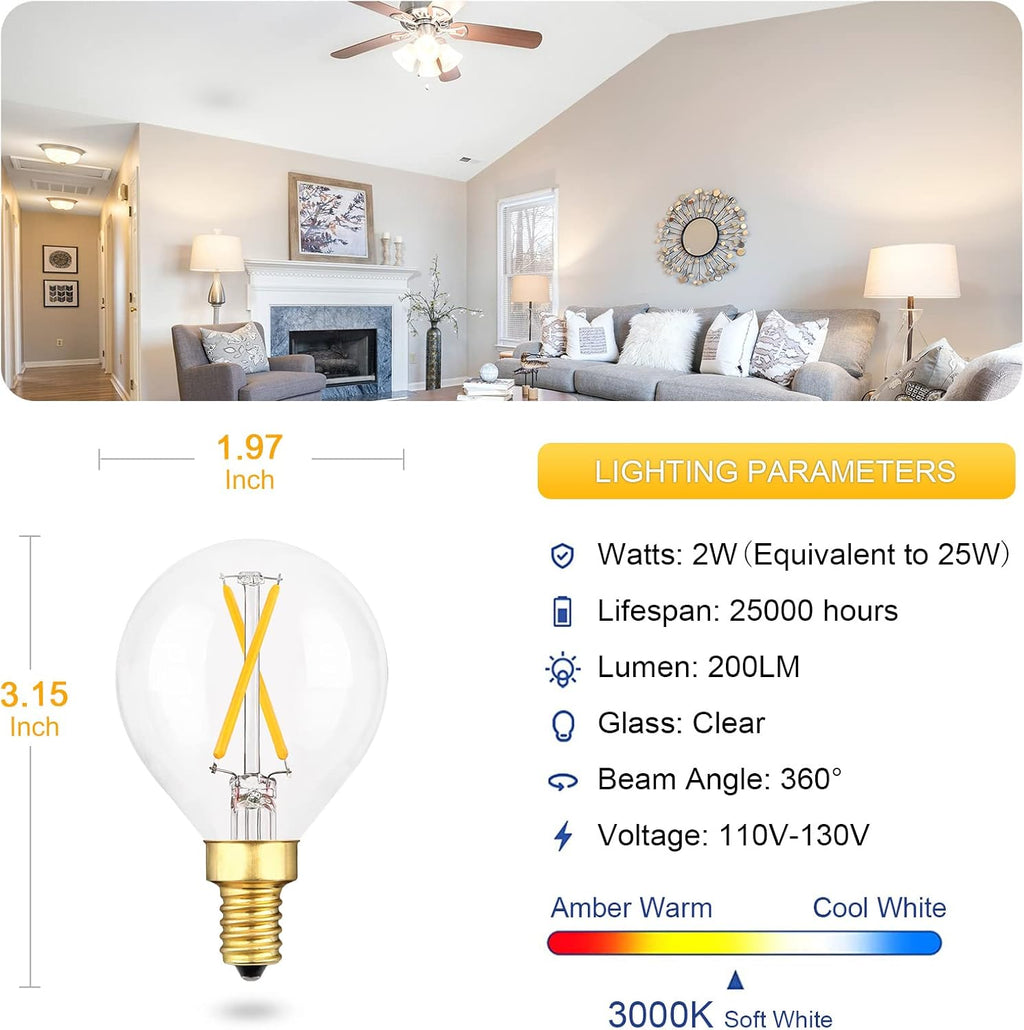 Vintage E12 LED Ceiling Fan Bulb Dimmable, 2W Globe G16.5 LED Chandelier Bulb, 25Watt Incandescent Bulb Equivalent
