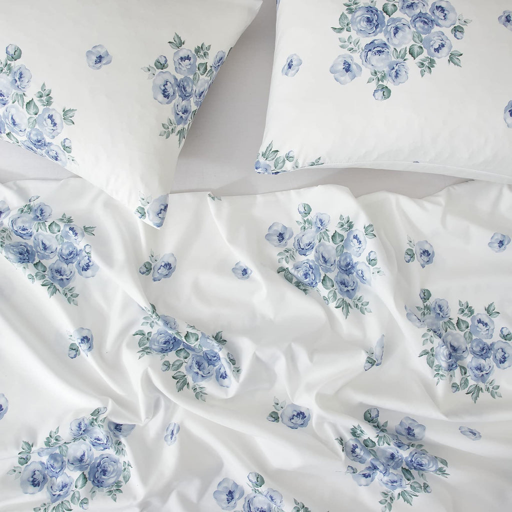 Blue Rose Floral Duvet Cover, Blue and White Farmhouse