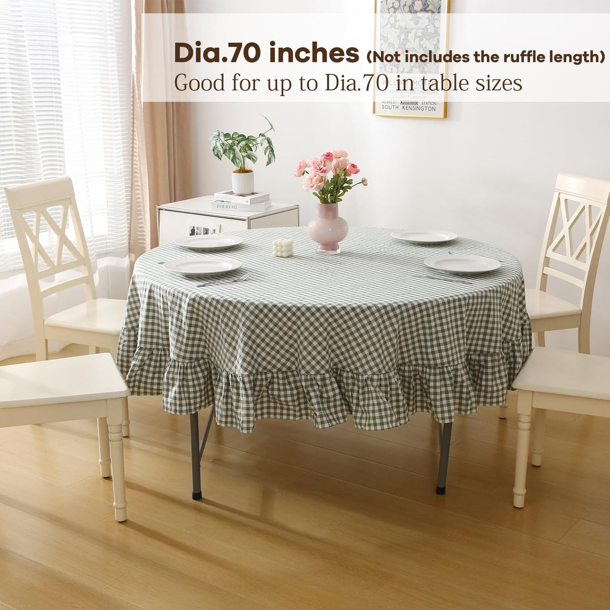 Sage Green White Gingham Tablecloth Round Dia.70"