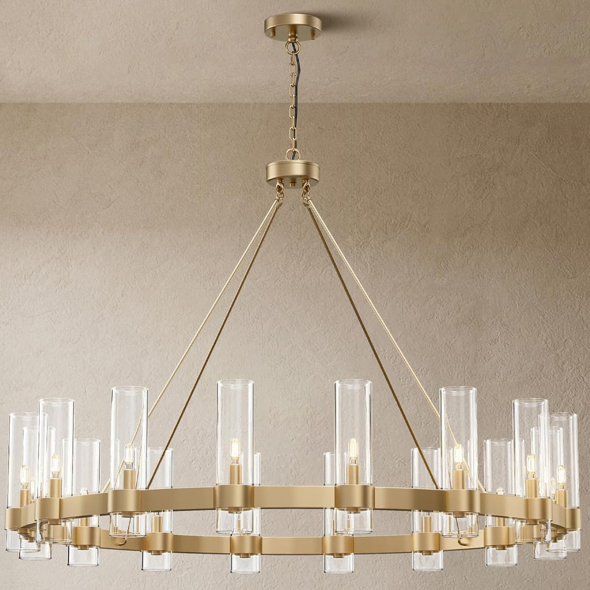 48" 16-Light Gold Large Wagon Wheel Glass Chandelier