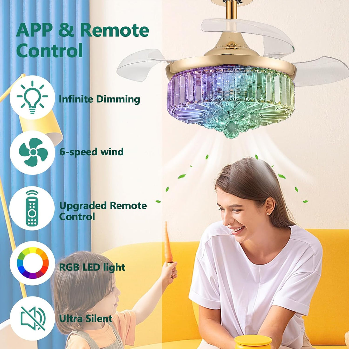 30" Crystal Retractable Ceiling Fan with Light & Remote
