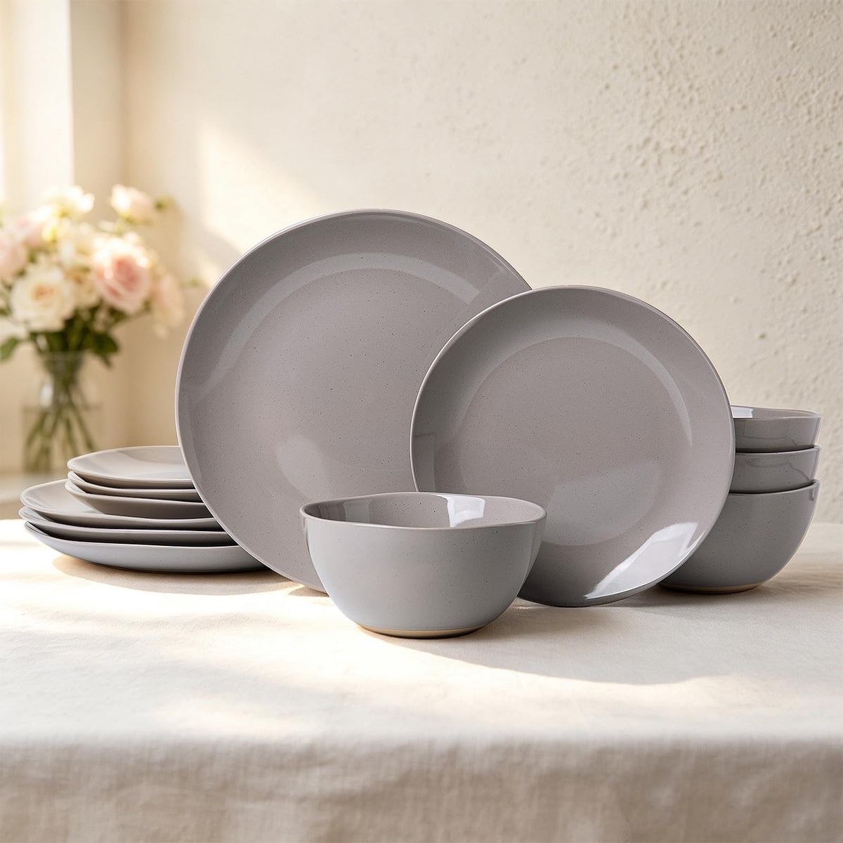 Dinnerware Sets for 4, 12 Pieces Stoneware Plates and Bowls Sets, Dishwasher&Microwave Safe,Modern Minimalist