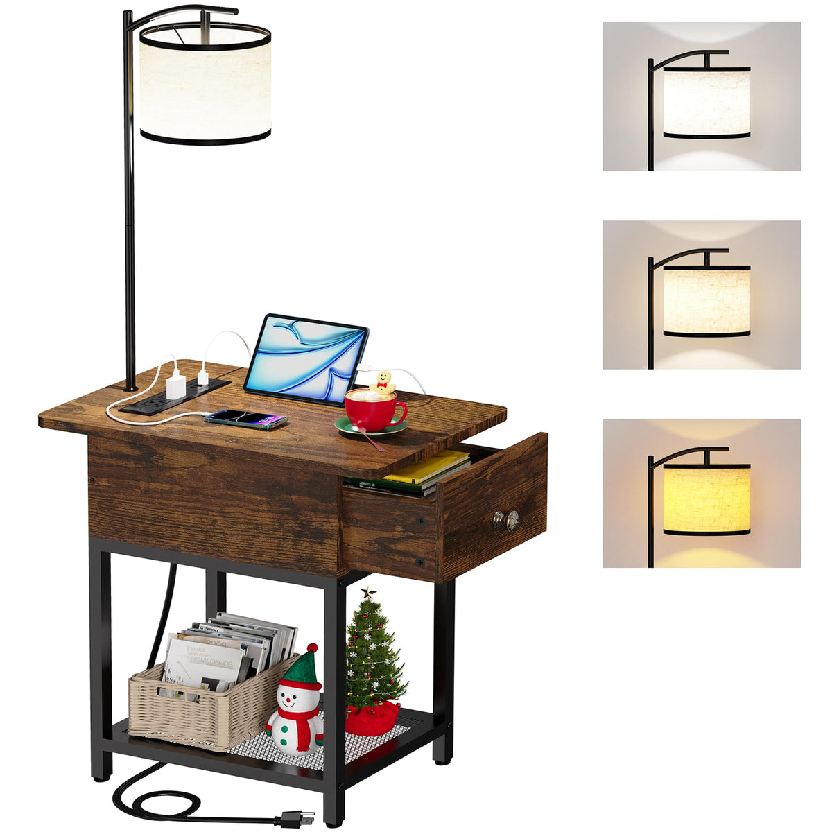 Floor Lamp with Table, Narrow Side Table with Charging Station