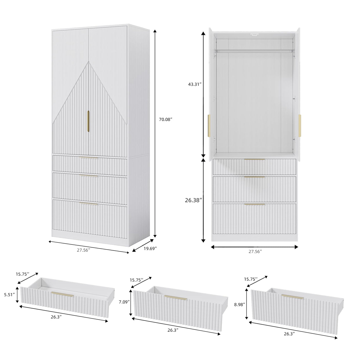 70" Wardrobe Armoire Wooden Closet with 2 Doors and 3 Drawers, Bedroom Armoire with Hanging Rod Shelf, Large Capacity
