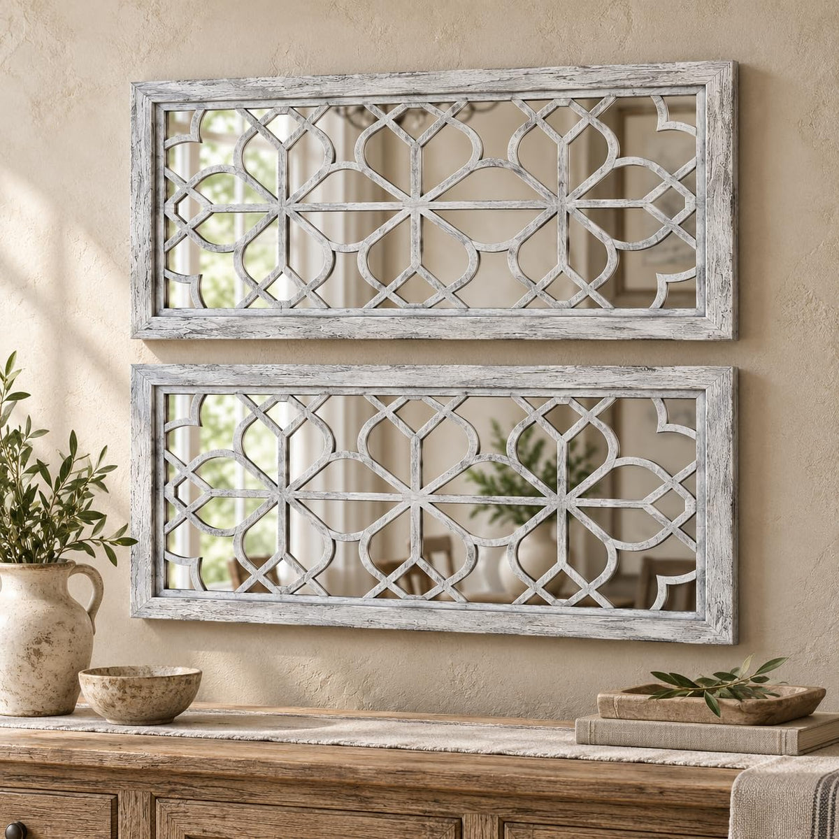 Set of 2 13x30 Inch Large Grey Shatterproof Carved Floral Wood Frame Wall Mirrors, Boho Farmhouse Rustic Accent