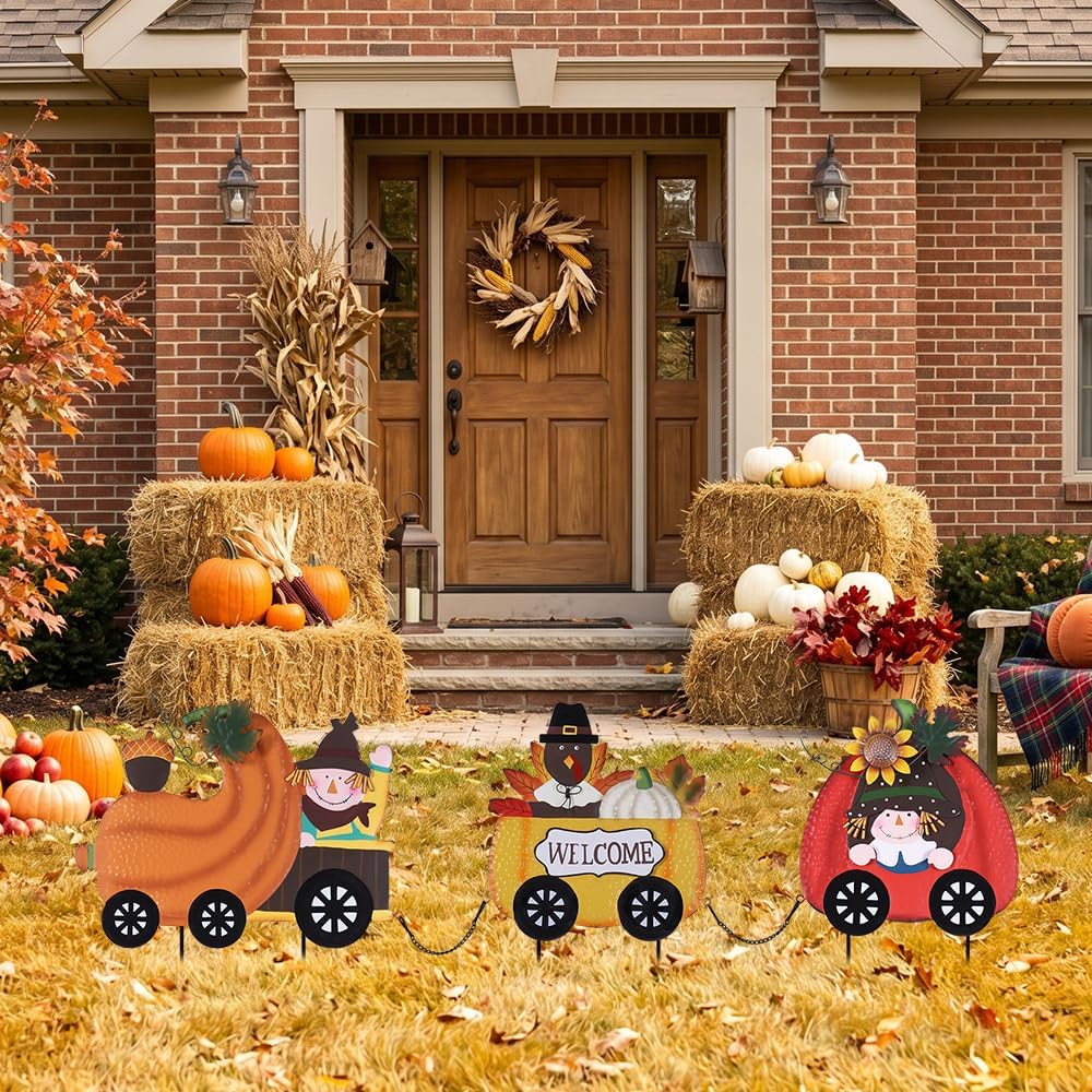Thanksgiving Outdoor Decor, Set of 3 Metal Pumpkin Train Decorative Garden Stakes with Scarecrow Turkey, Fall Welcome