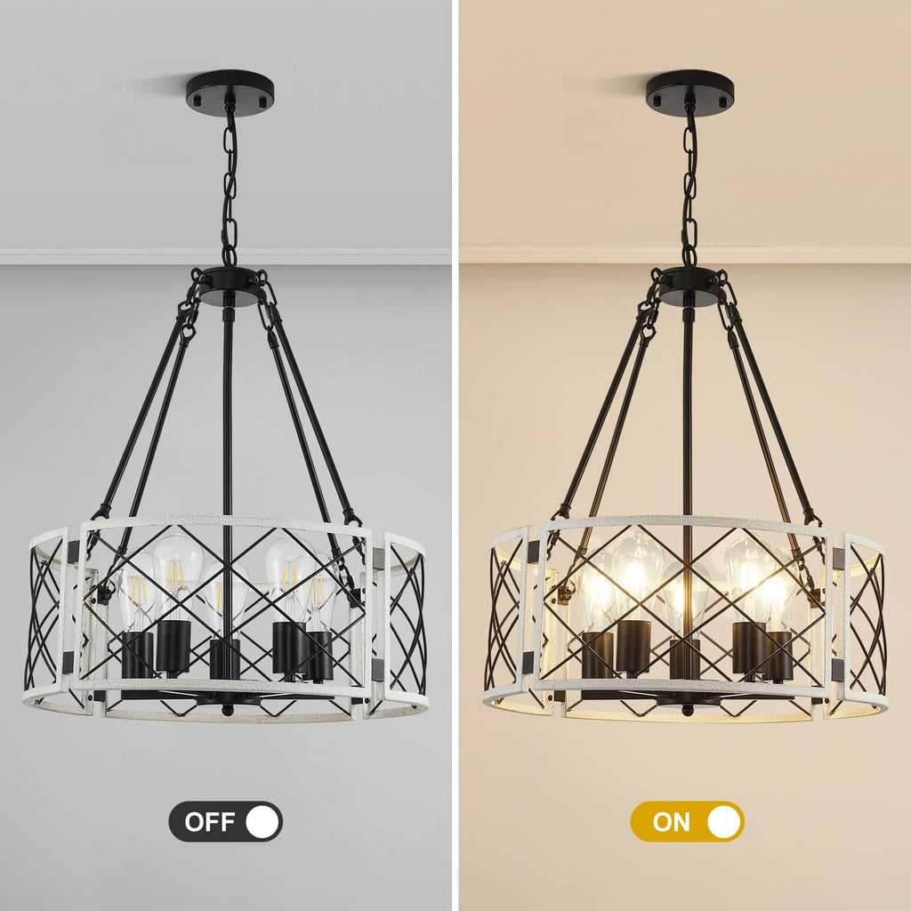 21'' Farmhouse Chandelier, 5-Light Black & Vintage White Dining Room Light Fixture Over Table, Rustic Industrial Drum