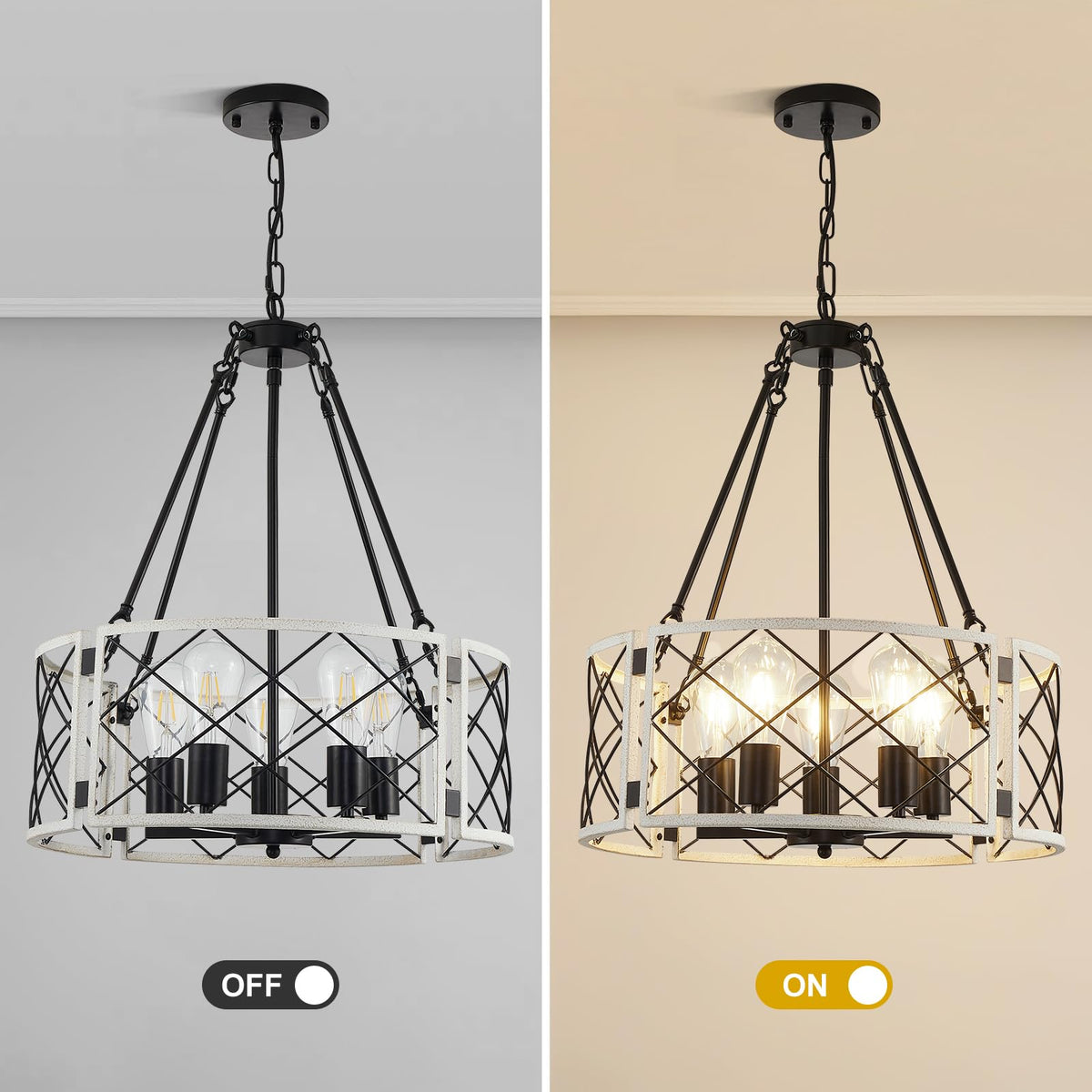 21'' Farmhouse Chandelier, 5-Light Black & Vintage White Dining Room Light Fixture Over Table, Rustic Industrial Drum