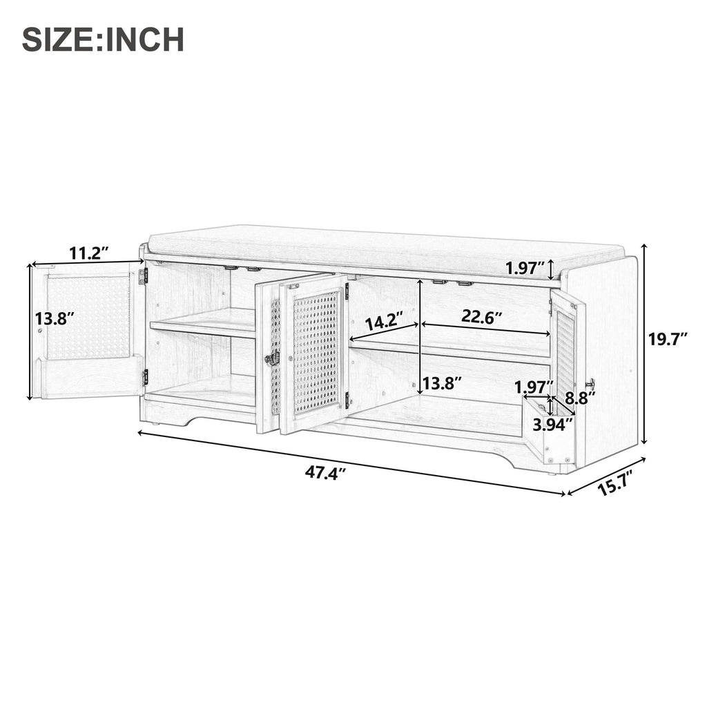 Rustic 47.4" Shoe Storage Bench with Removable Cushion, White
