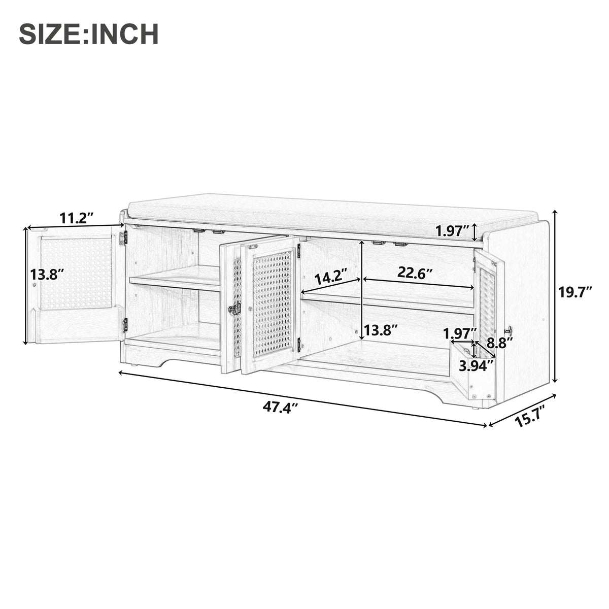 Rustic 47.4" Shoe Storage Bench with Removable Cushion, White