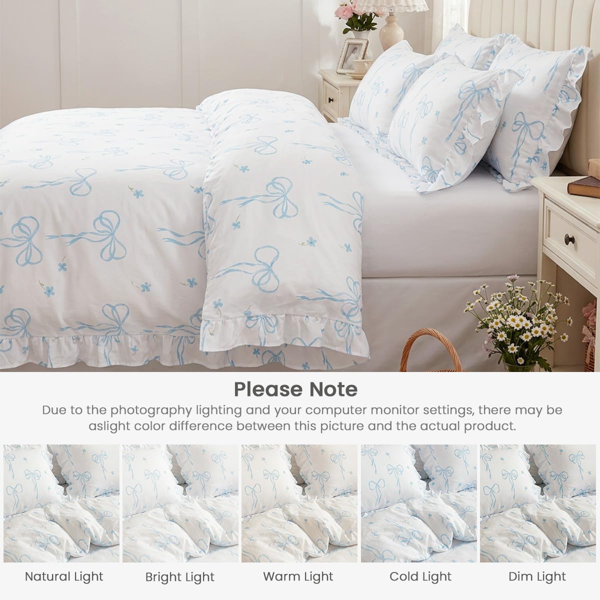 Ruffle Comforter Set, White Comforter Set with Blue Bow