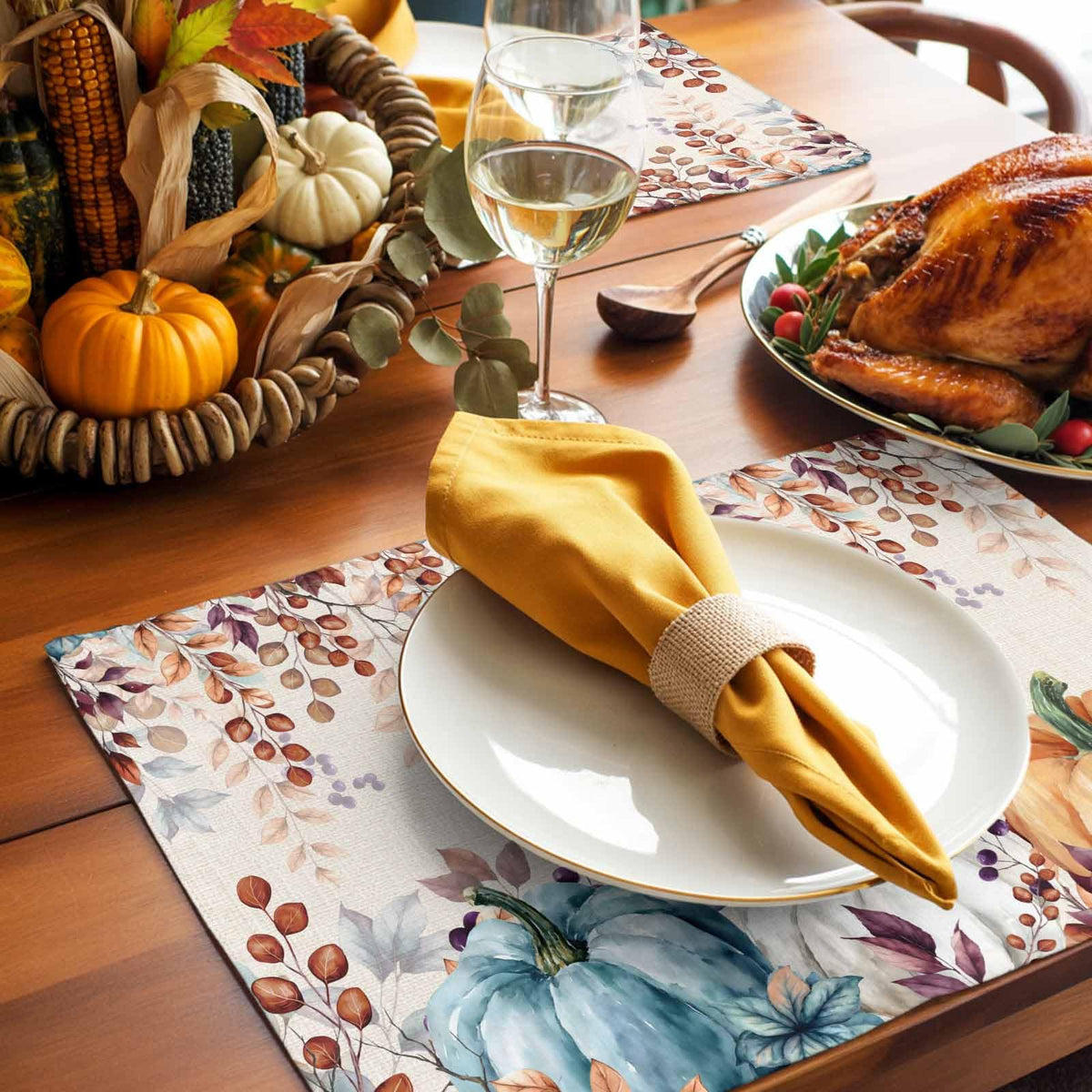 Fall Thanksgiving Placemats Set of 6, Watercolor Autumn Pumpkins Eucalyptus Leaves Heat Resistant Washable Linen