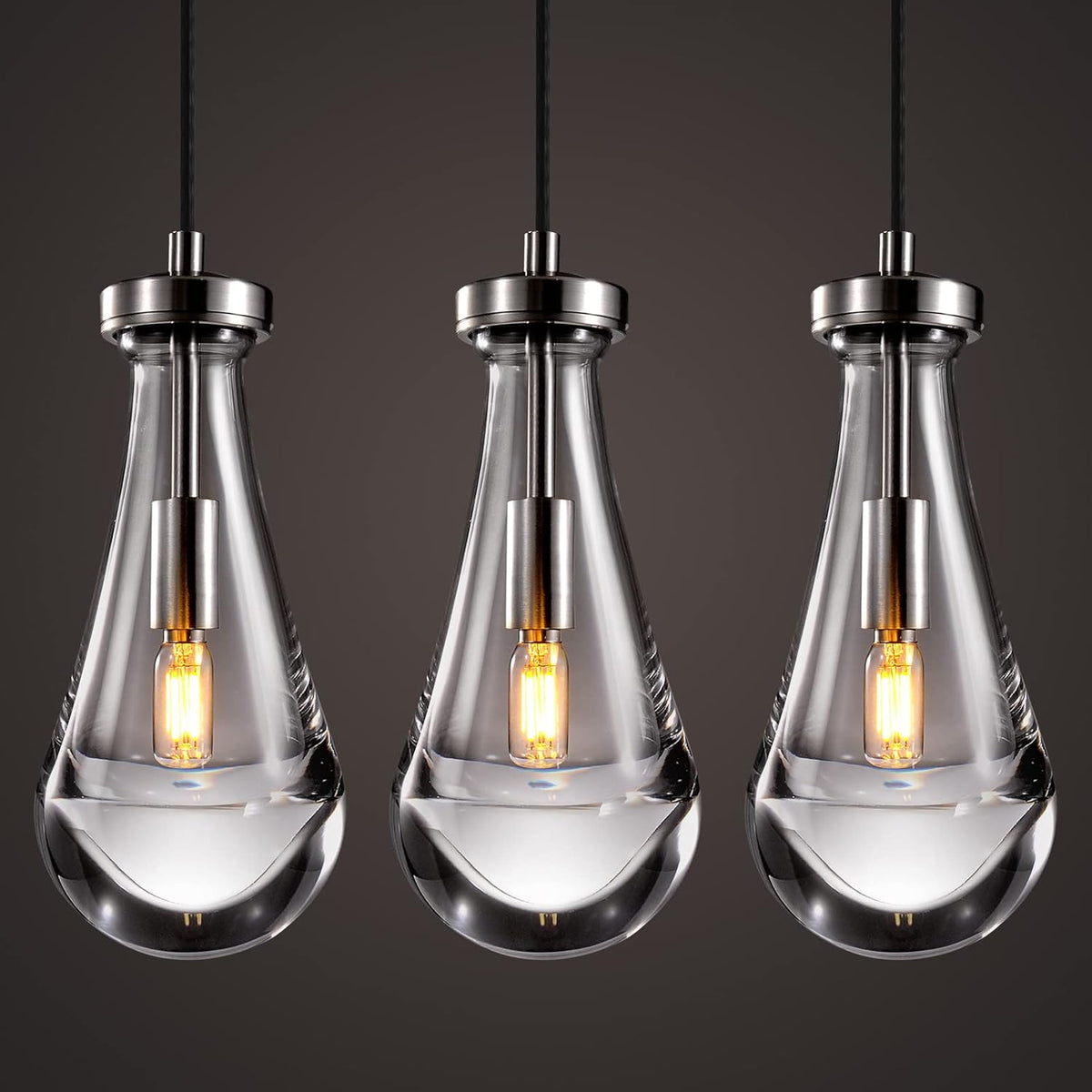 Raindrop Pendant Lights Kitchen Island Teardrop Nickel Hanging Light Fixtures Clear Solid Glass Pendant Light Modern Chandeliers for Dining Room Porch Corridor Living Room(3-Pack)