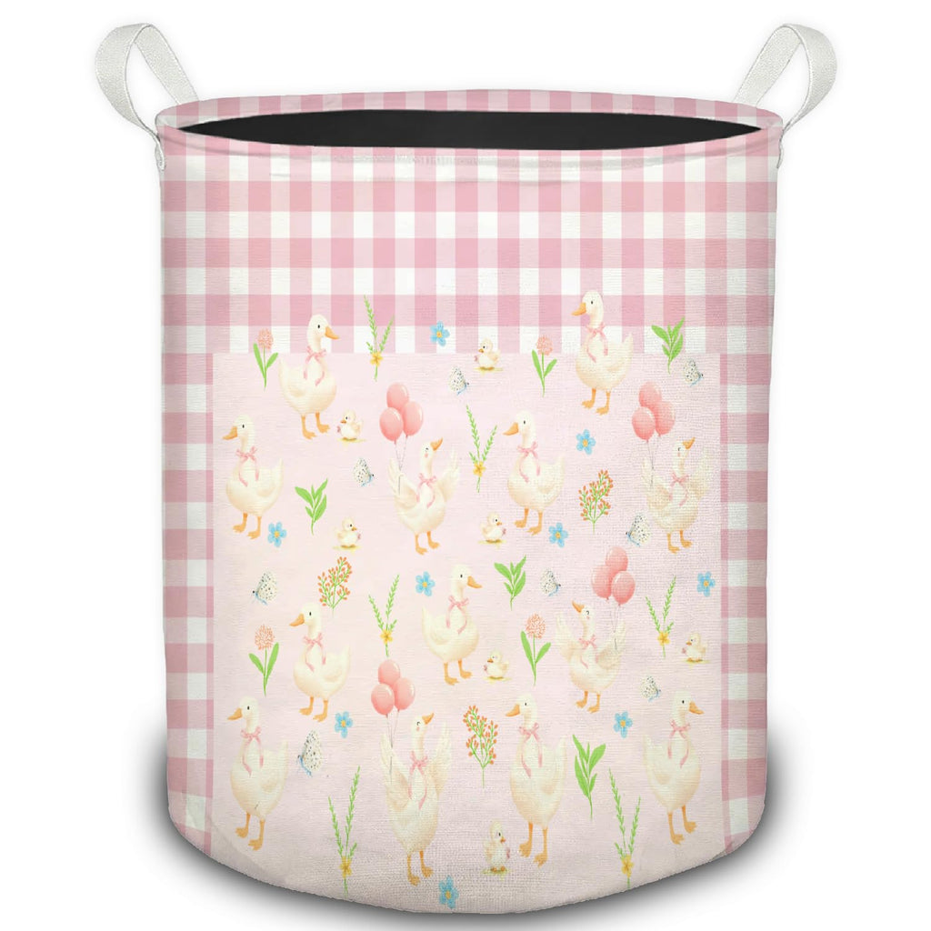 Mother Goose Girl Nursery Laundry Basket, Pink and White Checkered Cute Goose Foldable Laundry Hamper With Handles