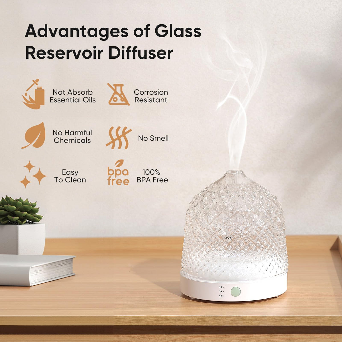 Glass Essential Oil Diffuser, 200ml Ultrasonic Aroma Diffusers with Glass Reservoir Dome & White Plastic Base Lock