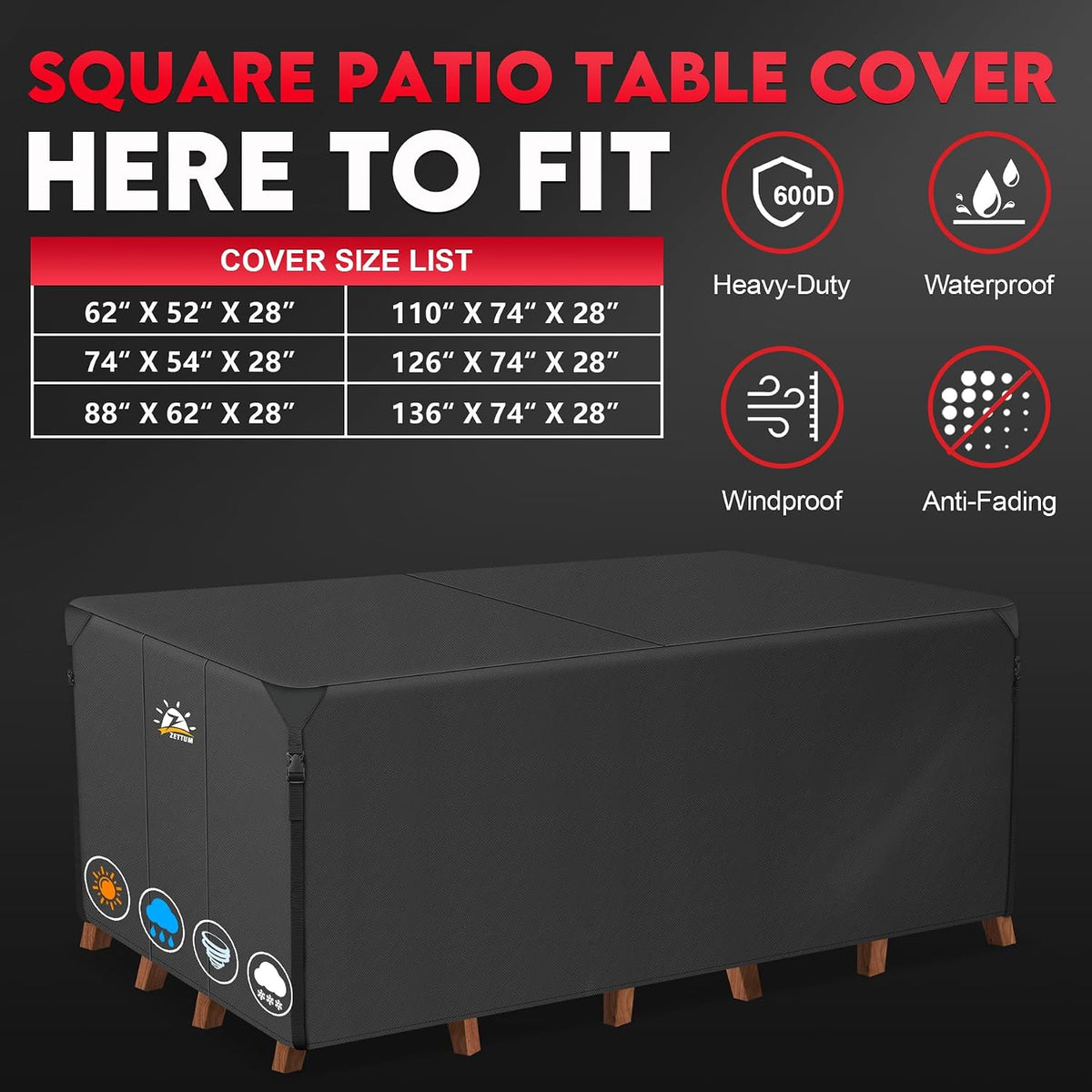 Patio Furniture Cover Rectangle - 110 Inch Outdoor Table Cover Waterproof & Heavy Duty, Large 600D Lawn Furniture