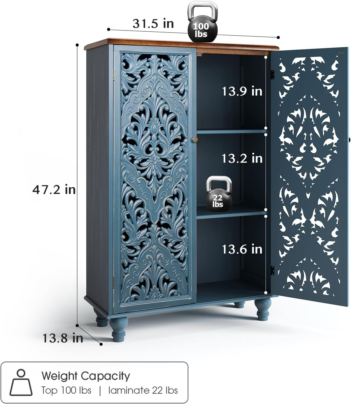 47" Tall Accent Cabinet with Doors & Storage ,Blue | Carved Solid Wood Legs, Decorative Cabinet for Dinning