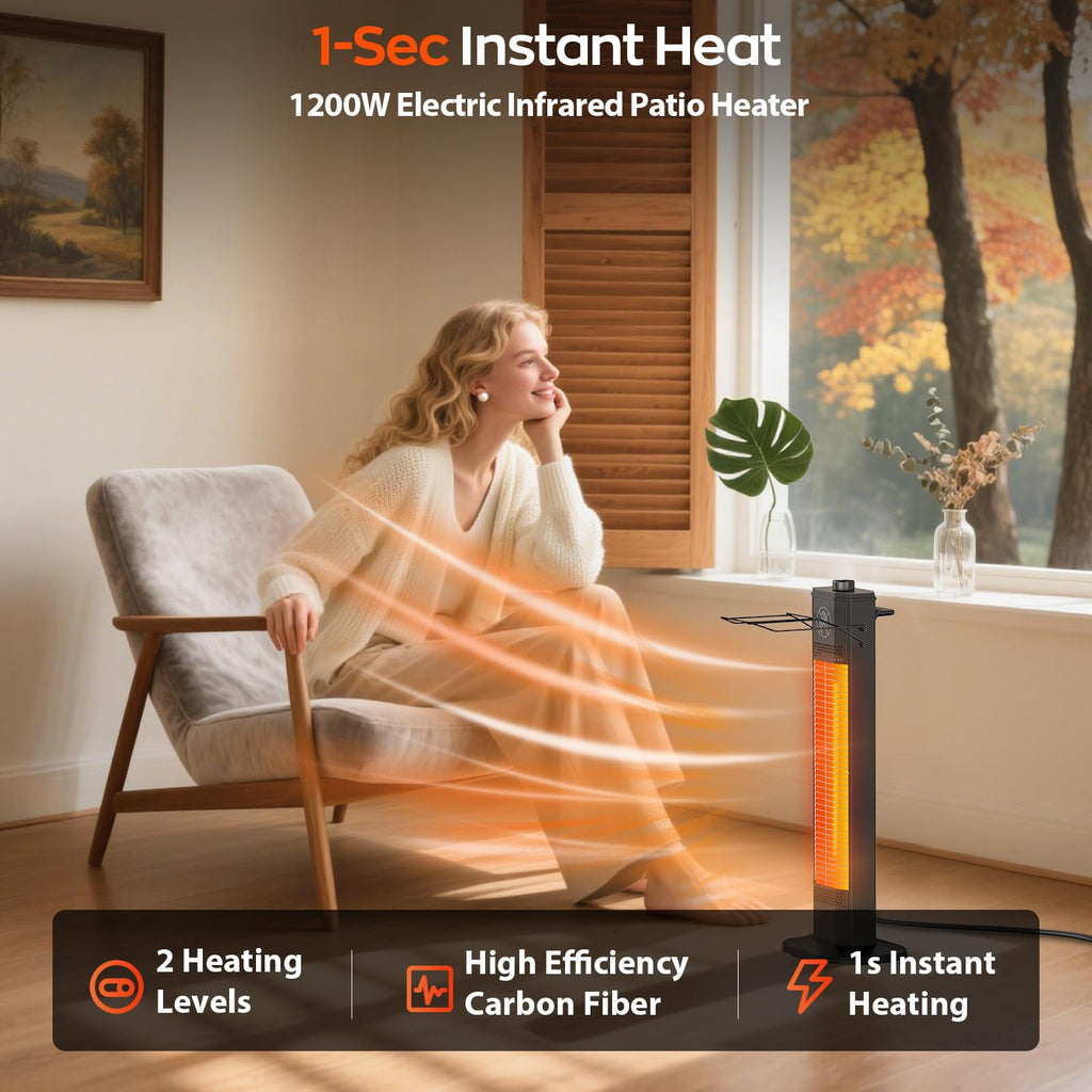 Outdoor Electric Patio Heater, 27-inch Infrared Tower Heater with 1200W Instant Heating, IPX5 Waterproof, Tip-Over &