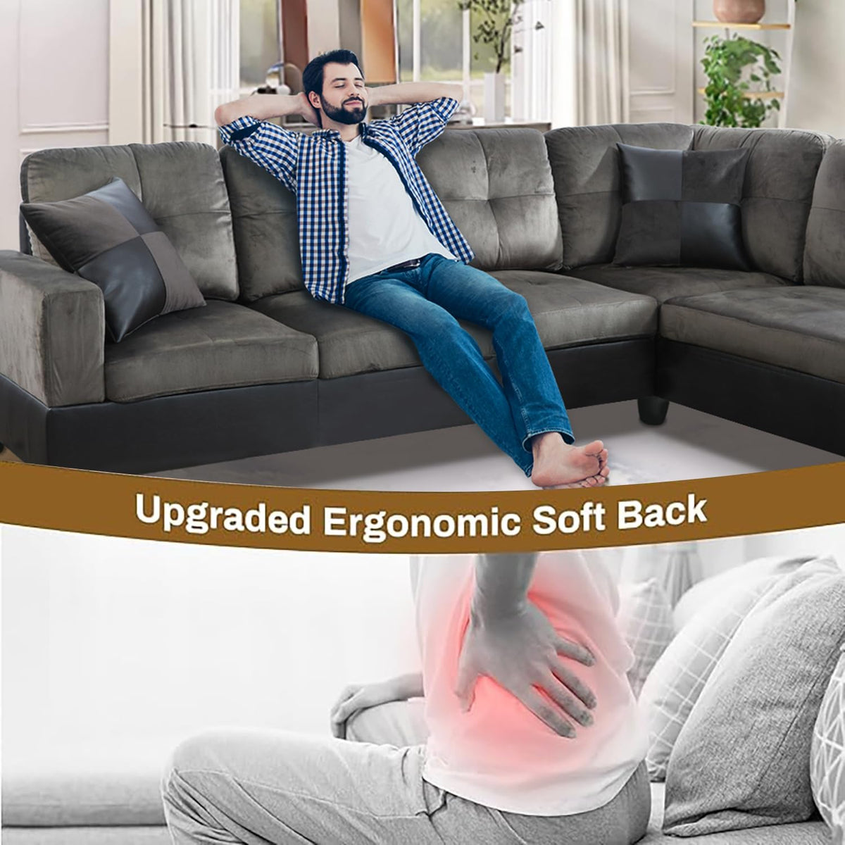 105 Inch L Shaped Sectional Sofa Couch, 4 Seat Modern Fabric Flannel Taupe, 2 Pieces, Includes 2 Pillows, Easy