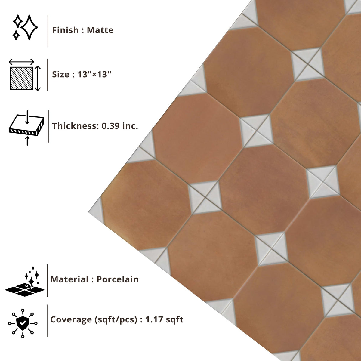 Terracotta Cotto & White Geometric Porcelain Floor and Wall Tile 13" x 13", Matte Vintage Pattern Decorative Tile