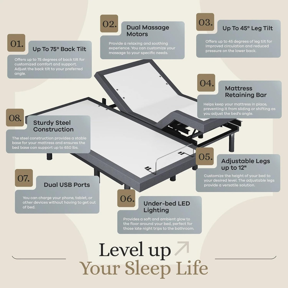 Classic Adjustable Bed Base, Head and Foot Lift, Massage, Under-Bed Lights, USB, Gel Memory, Zero Gravity Smart Frame