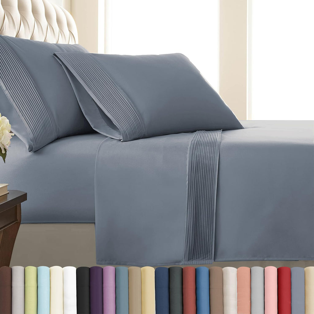 Embroidered Hem Deep Pocket Sheet Set Soft 2 Pillow Cases Slate Blue