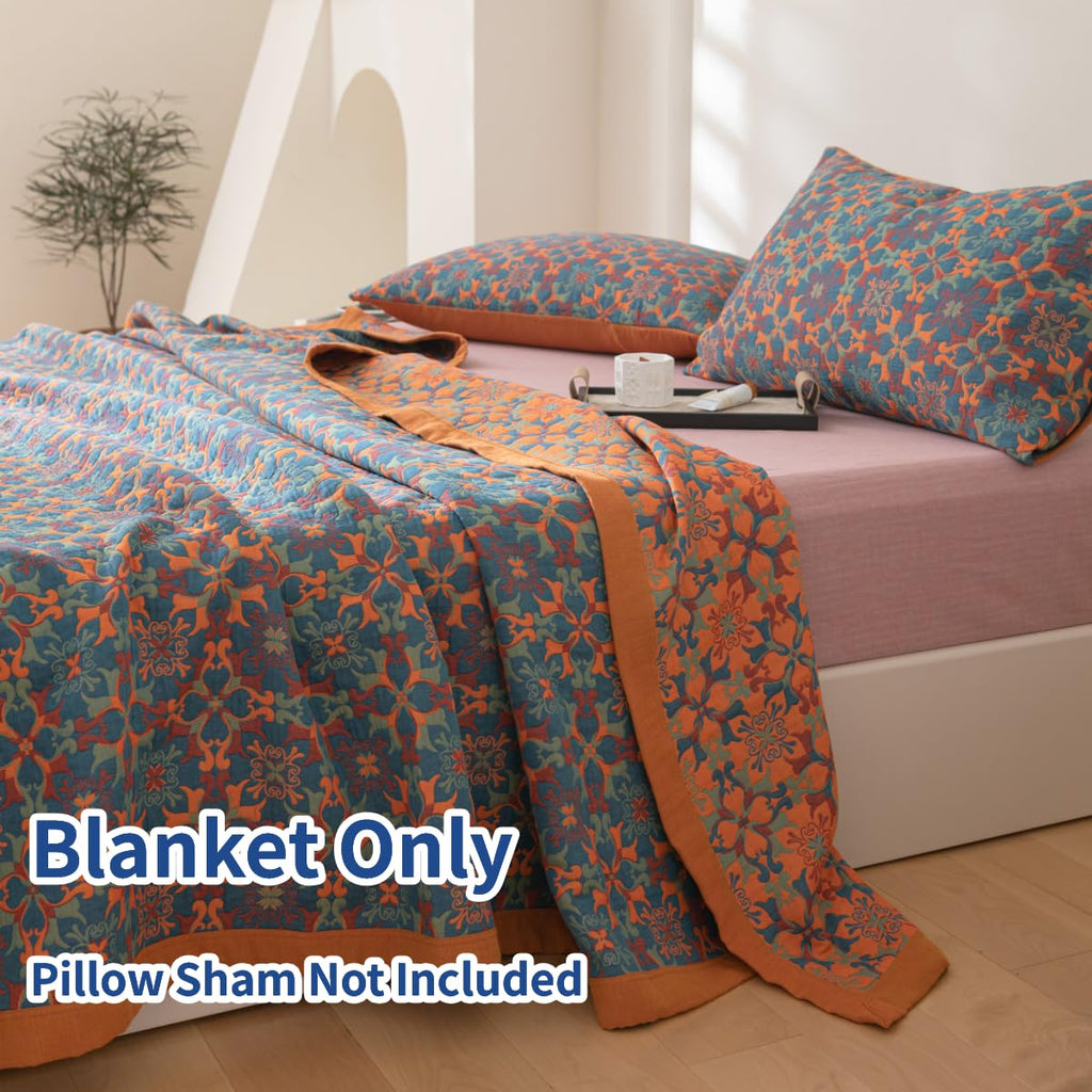 100% Cotton Muslin Blanket Jacquard Bohomian Mandala Floral Print Quilt, Soft Bed Cover Reversible Bedspread Coverlet
