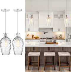 Glass Pendant Lights Kitchen Island 2 Pack, Brushed Nickel Pendant Light Fixtures with Hand-Blown Clear Glass, Modern