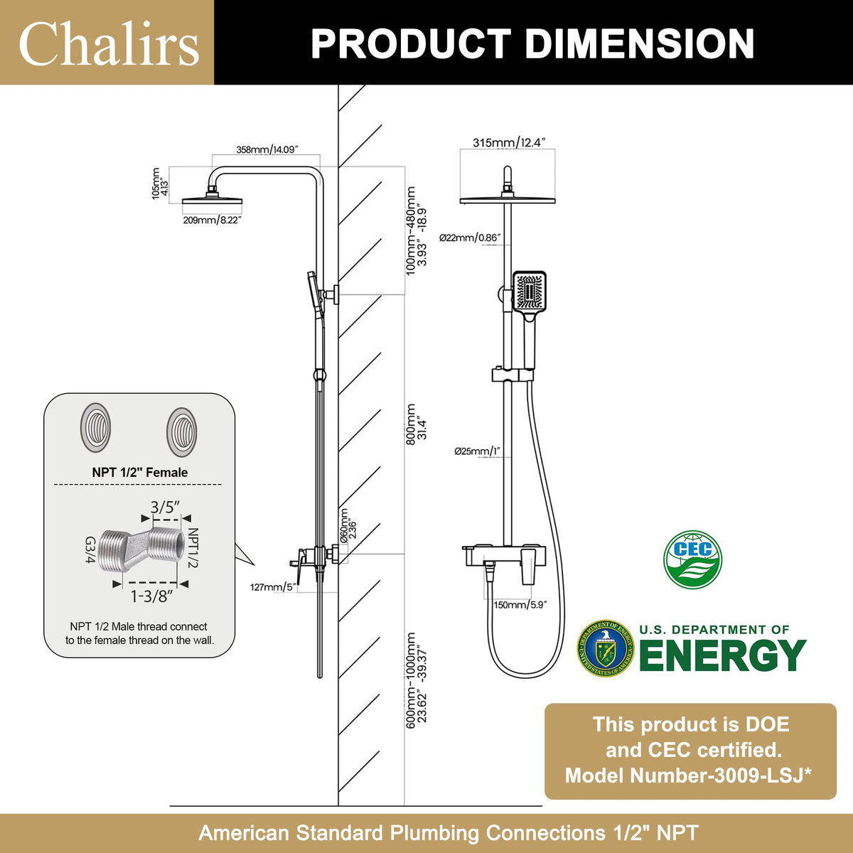 Shower Systems with 12 x8 Inches Rain Shower Head,Brushed Gold Exposed Pipe Shower System,3 Functions Tub Shower