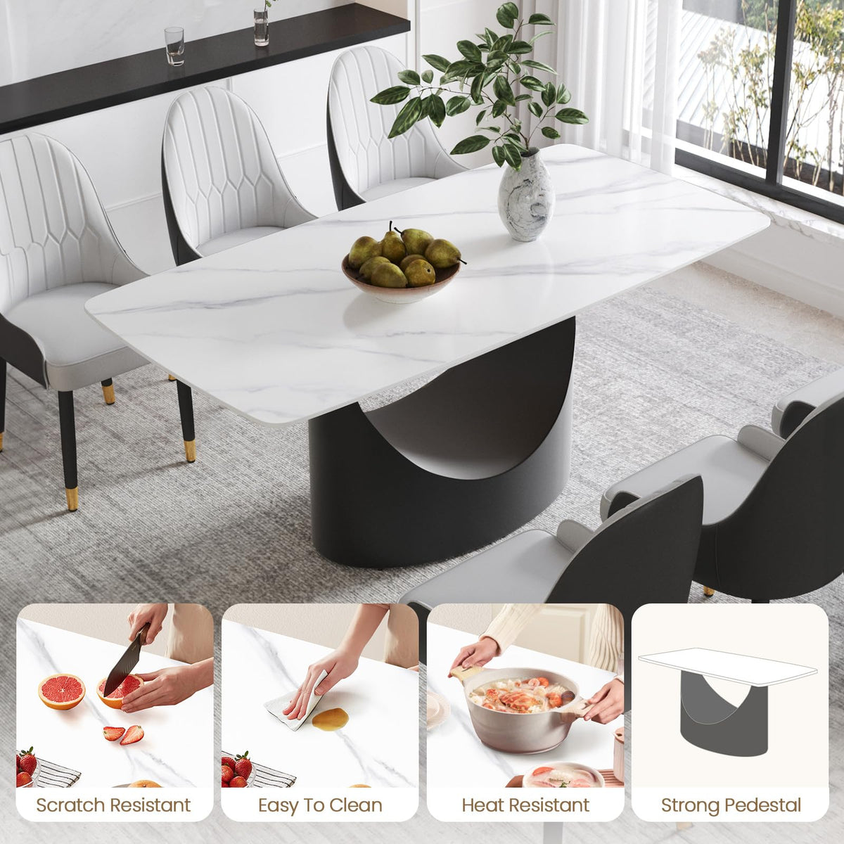 Modern Rectangle Marble Dining Table, 71" White Marble Sintered Stone Top Dining Table, Rectangle Dining Room Table