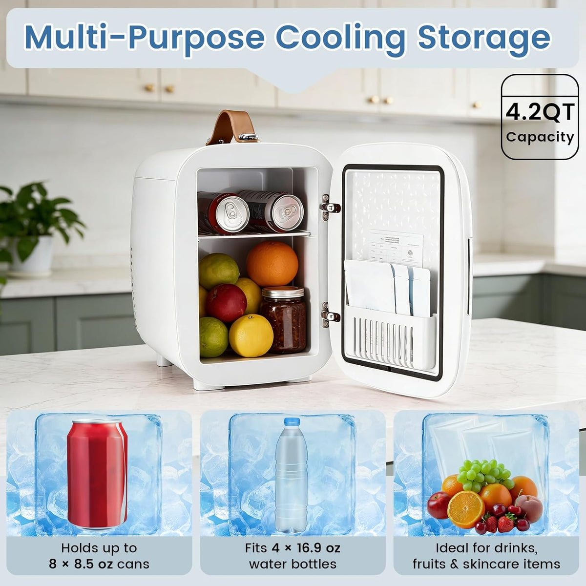 Mini Fridge for Bedroom, Office & Car, Portable 4L/4.23QT Mini Refrigerator for Skincare with Handle, Ultra-Quiet